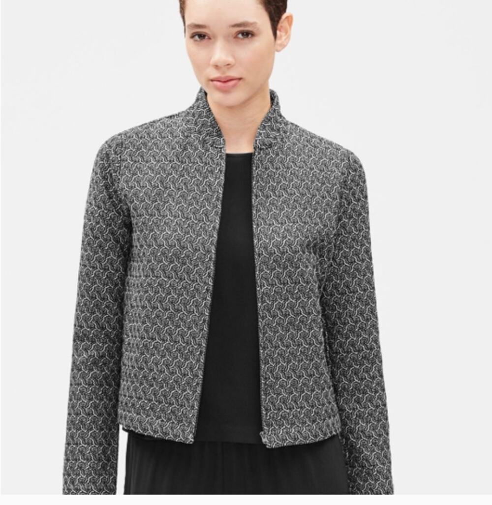 Eileen Fisher Petite S Jacquard Flight Jacket Black White Cotton Quiet Luxury